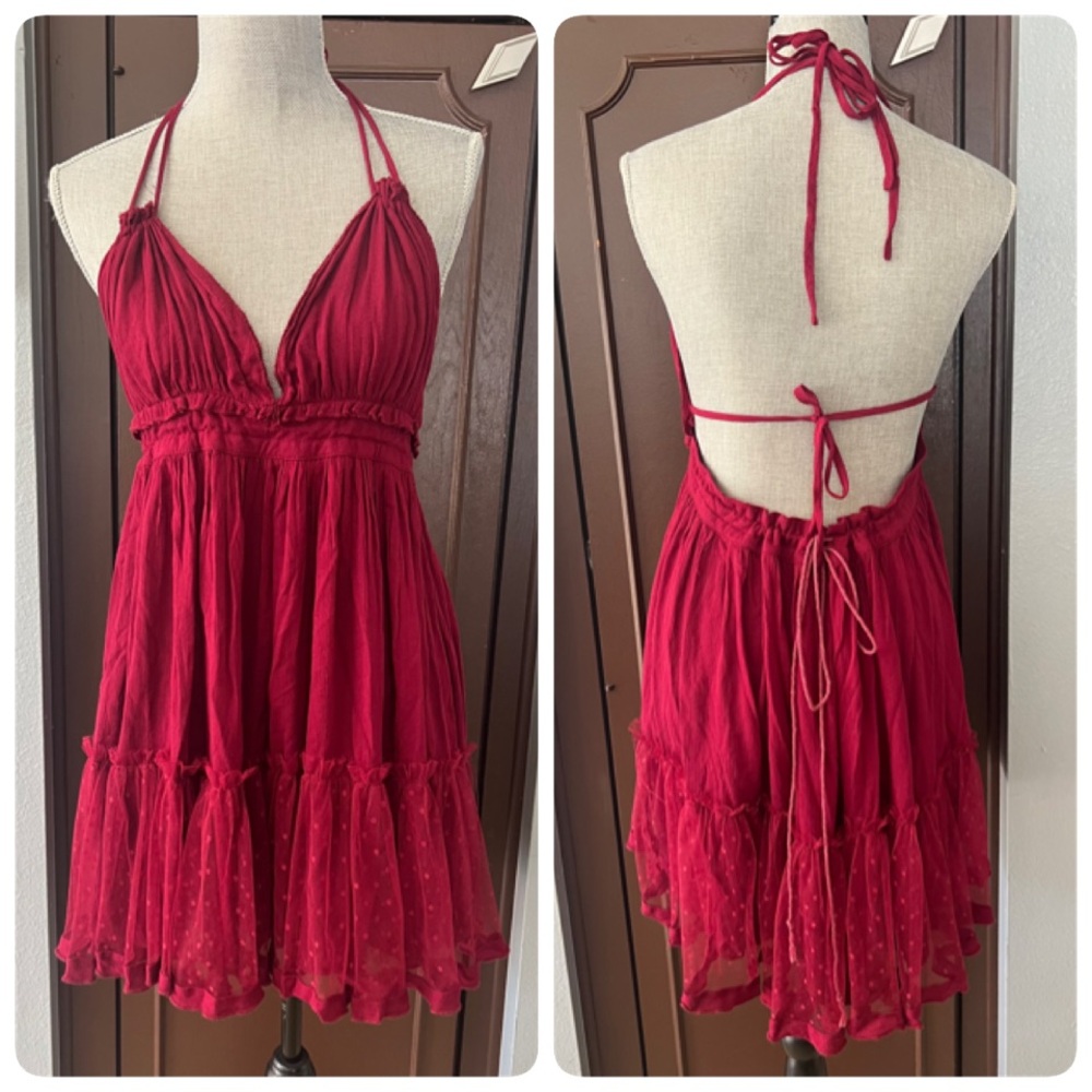 R. Vivimos Wine Red Halter Open Back Swing Dress